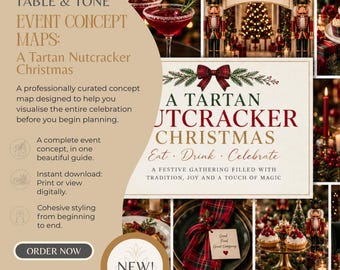 May include: A digital event concept map titled A Tartan Nutcracker Christmas, featuring festive imagery of nutcrackers, tartan patterns, red berries, and holiday table settings. The document includes text, decorative graphics, and color palettes.