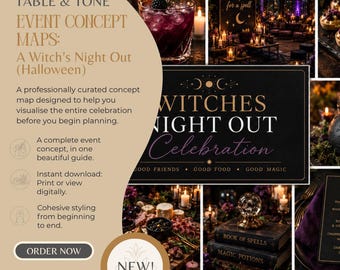 May include: A digital event concept map guide titled A Witch's Night Out featuring a collection of Halloween-themed imagery including a purple cocktail, a sign reading Come in for a spell, a Witches Night Out Celebration sign, and books of spells.