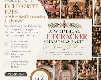 May include: A digital event concept map titled A Whimsical Nutcracker Christmas featuring text, festive imagery of nutcrackers, pink cocktails, and decorated trees. The guide includes sections for planning a party with the text Eat, Drink, Be Merry.