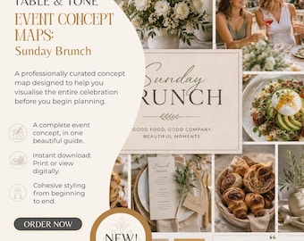 May include: A digital event concept map guide titled TABLE & TONE EVENT CONCEPT MAPS: Sunday Brunch. It features a collage of images including white flowers, people dining, avocado toast, croissants, and a menu card with the text Sunday Brunch.
