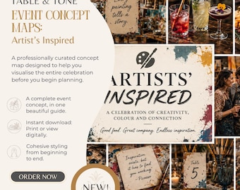May include: A digital event concept map titled Artists' Inspired featuring a collage of artistic scenes, paint splatters, and text. The guide includes quotes, table number cards, and a color palette of blue, plum, warm grey, and ivory for event planning.