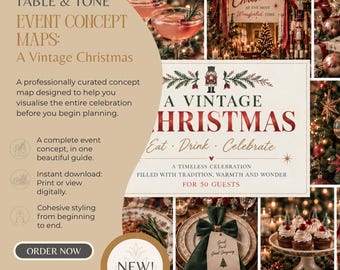 May include: A digital event concept guide titled Table & Tone Event Concept Maps: A Vintage Christmas. The layout features text, a central card with a nutcracker illustration, and various photos of holiday table settings, cocktails, and decor.