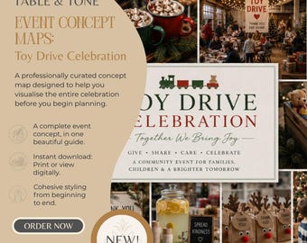 May include: A digital event concept map for a toy drive celebration featuring text, photos of hot cocoa, a community gathering, a train graphic, and reindeer-themed gift bags. The layout includes the text Toy Drive Celebration and Together We Bring Joy.