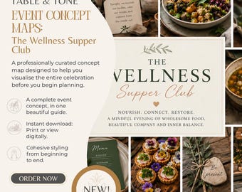 May include: A digital event concept map guide titled The Wellness Supper Club, featuring text, a menu card, small tarts, a bowl of salad, and a stone with the text Be present. The layout includes various images of food and decor on a light background.