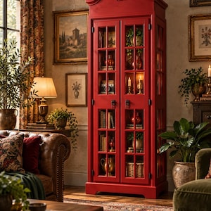 May include: A tall, bright red wooden cabinet featuring two glass-paned doors with multiple rectangular panels. The cabinet has an arched top with a decorative carved detail, black metal hinges, and small black handles on each door.
