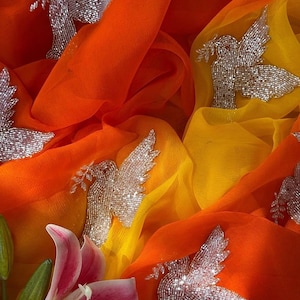 Orange and Yellow Chiffon Saree with Silver Beaded Bird Handwork, Indian Saree, Party Wear Saree