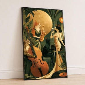 May include: A framed vertical wall art print depicting a jazz band of anthropomorphic cats. One cat plays a double bass, another plays a saxophone, a third sits at a piano, and a fourth sings into a microphone. The scene features a large moon.