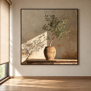 Canvas wanddecoratie met olijfboom in pot, mediterraan botanisch stilleven, rustieke woondecoratie