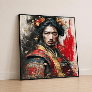 Warrior Portrait Canvas Wall Art, Samurai Inspired Red Black Gold Decor, Dramatic Contemporary Portrait Painting