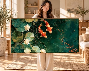 Rustgevende koivijver canvas wanddecoratie, schilderij van waterlelies, turquoise botanische decoratie