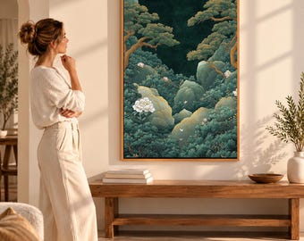 Tranquil Nature Wall Art, Asian Mountain Forest Landscape with Pine Trees and White Flowers