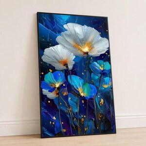Blue and White Flower Canvas Wall Art, Dramatic Contemporary Floral Painting, Boho Botanical Decor