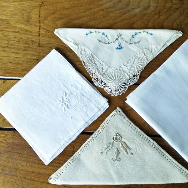 1 or All 3 VTG hanky hand embroidery drawn thread work lace doily 10" hankie fabric men's handkerchief DIY sachet unisex gift for him her