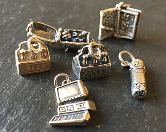 1 NOS VTG six pack or beer keg opens computer bird & bees book opens pendant sterling silver moving charms 925 jewelry unisex gift for him