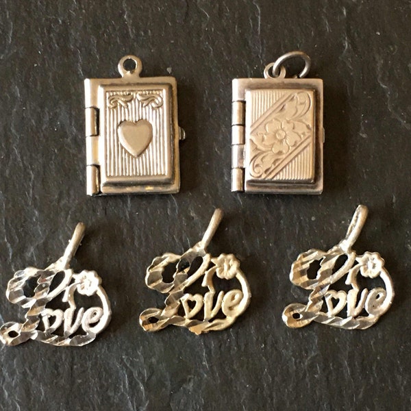 1 tiny book locket 2 photo pendant or cursive scripted love bracelet charm  forget me not flower girl teen 800 silver jewelry gift for her