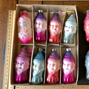 Cute NoS VtG 90s DIY fairy tale garland ornaments Pink Snow White & 7 dwarf elf gnomes USSR Soviet fuchsia blue mercury glass box set of 8 image 1