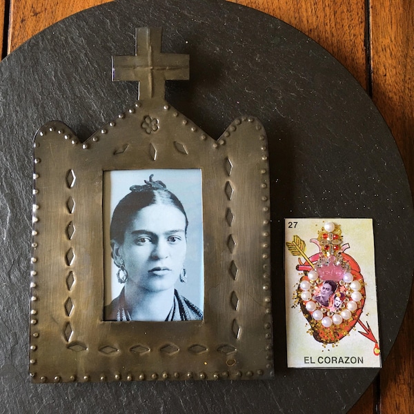 Frida Kahlo & sacred heart Day of Dead church tin nicho Mexican folk art fiesta decor copper 7 anniversary desk photo frame gift for her him