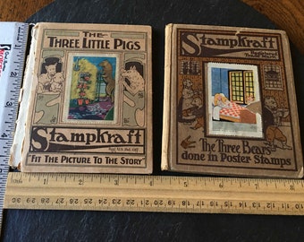 1 Antik 1915 Stampkraft Buch Drei kleine Schweinchen oder drei Bären Poster Aufkleber Briefmarken Bild Kinderbücher Scrapbook Journal Cover & Papier