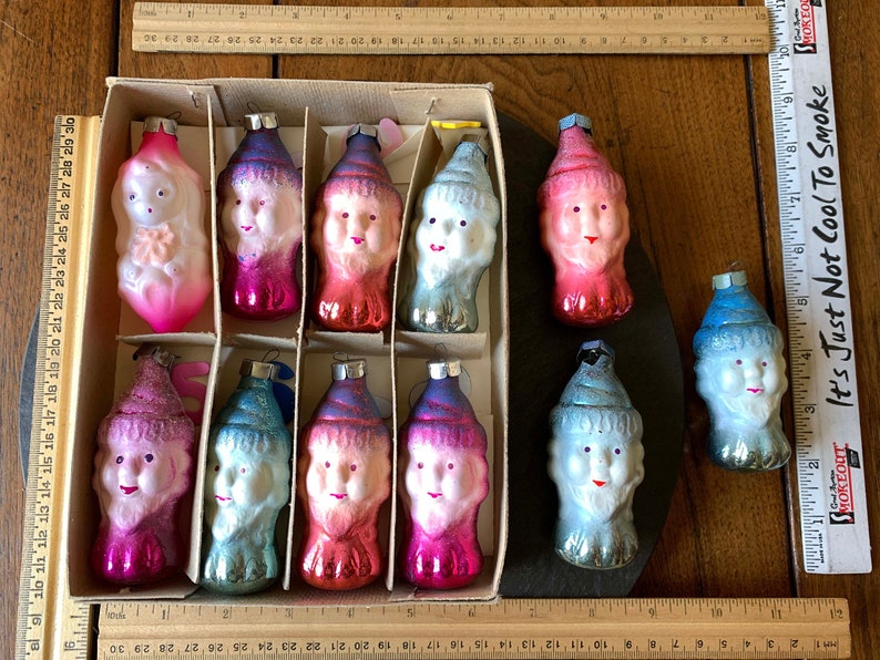 Cute NoS VtG 90s DIY fairy tale garland ornaments Pink Snow White & 7 dwarf elf gnomes USSR Soviet fuchsia blue mercury glass box set of 8 image 1