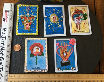 1+ Frida Kahlo mixed media assemblage collage loteria card art Los Muertos Day o the Dead fiesta taco garland party ACEO atc home alter gift