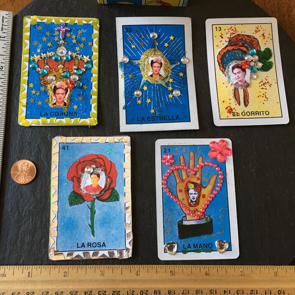 1+ Frida Kahlo mixed media assemblage collage loteria card art Los Muertos Day o the Dead fiesta taco garland party ACEO atc home alter gift