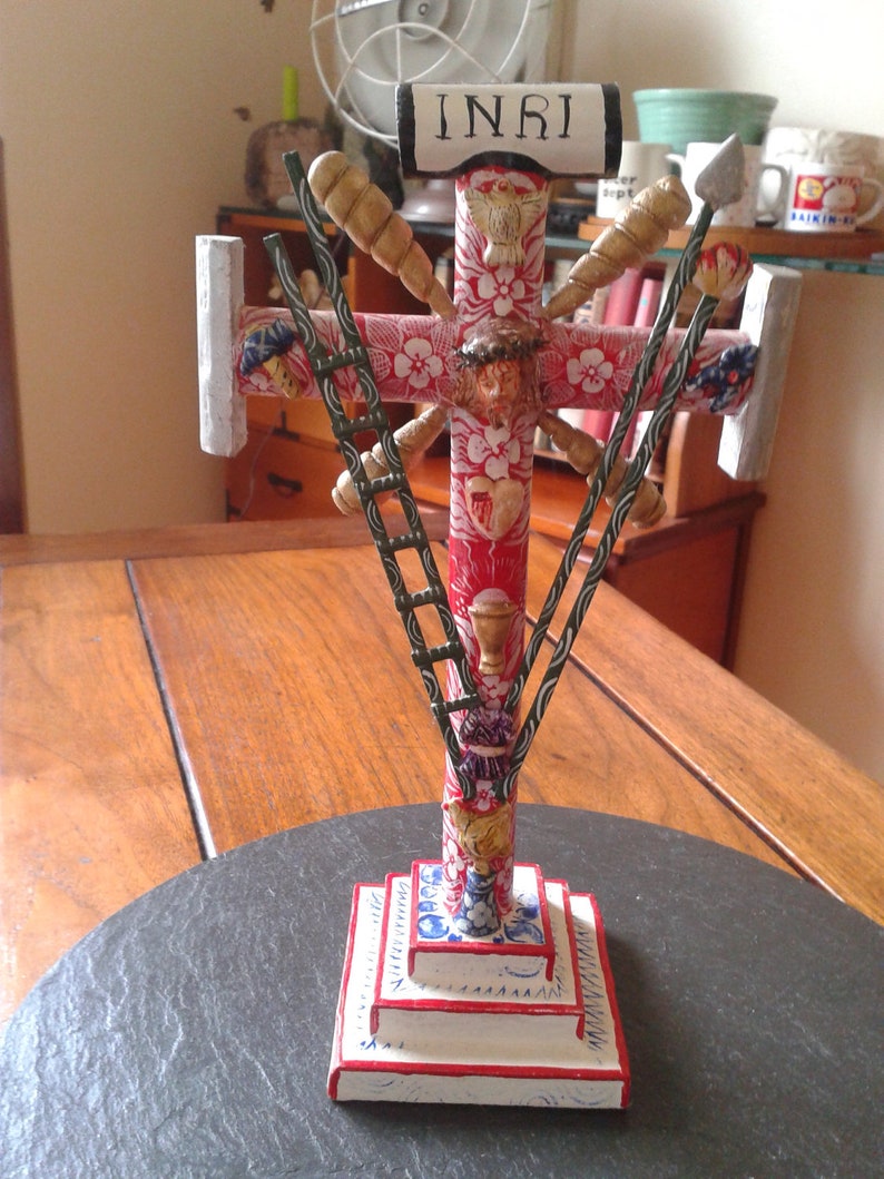 Signed Claudio Jimenez Quispe standing cross crucifix VTG 80s Peruvian folk art Mexican Dia de los Muertos religious Day of the Dead gift image 3