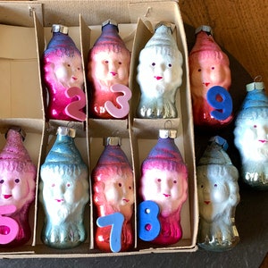 Cute NoS VtG 90s DIY fairy tale garland ornaments Pink Snow White & 7 dwarf elf gnomes USSR Soviet fuchsia blue mercury glass box set of 8 image 4