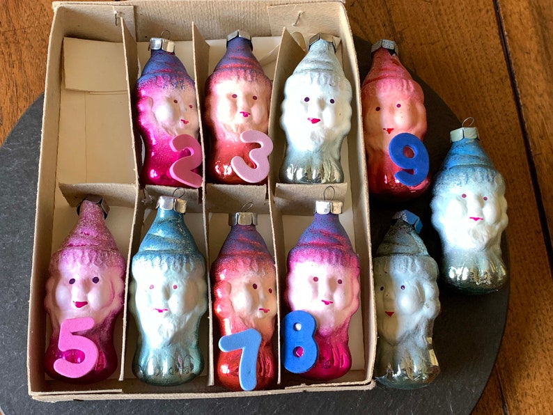 Cute NoS VtG 90s DIY fairy tale garland ornaments Pink Snow White & 7 dwarf elf gnomes USSR Soviet fuchsia blue mercury glass box set of 8 image 4