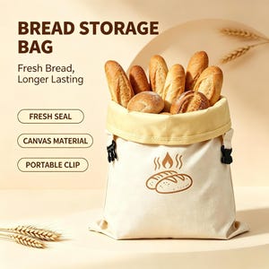 May include: A cream-colored canvas bread storage bag with a yellow interior lining and black side clips. The bag features a brown graphic of two loaves of bread with steam. Text on the bag reads: BREAD STORAGE BAG, Fresh Bread, Longer Lasting, FRESH SEAL, CANVAS MATERIAL, PORTABLE CLIP.