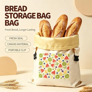 May include: A cream-colored canvas bread storage bag featuring a fruit pattern of watermelon slices, kiwi slices, and blueberries. The bag has a light yellow interior lining, black side clips, and text that reads BREAD STORAGE BAG BAG.