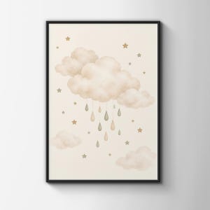 May include: A framed wall art print featuring a beige background with soft, watercolour-style clouds in shades of cream and tan. Several small, muted green and beige teardrop shapes hang from the central cloud, surrounded by scattered gold stars.