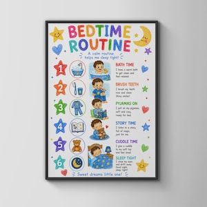 May include: A white poster titled Bedtime Routine with colorful illustrations of a child performing six steps: bath time, brush teeth, pyjamas on, story time, cuddle time, and sleep tight. Each step is numbered one through six with stars.