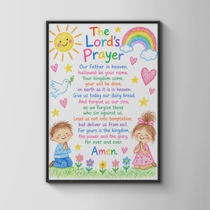 May include: A framed wall art print featuring The Lord's Prayer in colourful text. The design includes a yellow sun, a rainbow, hearts, stars, a white dove, and two children with hands clasped in prayer, all set against a white background.