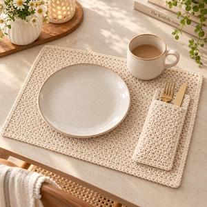 May include: A rectangular cream-coloured crocheted placemat featuring a textured woven pattern. The set includes a matching rectangular utensil pocket containing a gold-toned fork and knife, a speckled ceramic plate, and a matching ceramic mug.