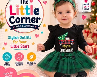 Completo per il primo Natale da bambina, composto da tutina a quadri natalizia con tutù e fascia per capelli, regalo di Natale per neonata.