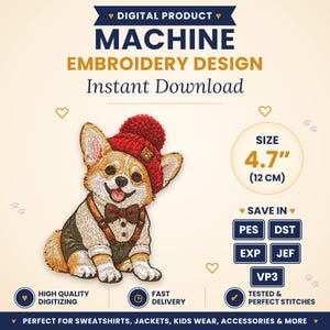 May include: A digital machine embroidery design featuring a Corgi dog wearing a red knit beanie and a dark green vest with a plaid bowtie. The text reads DIGITAL PRODUCT MACHINE EMBROIDERY DESIGN, Instant Download, SIZE 4.7" (12 CM), and file formats PES, DST, EXP, JEF, VP3.