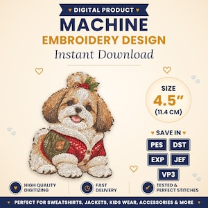 Può includere: Disegno digitale per ricamo a macchina di un cane Shih Tzu con maglione rosso e verde e accessorio per capelli a forma di agrifoglio. La dimensione è 11,4 cm. Formati: PES, DST, EXP, JEF, VP3. Testo: Digital Product, Machine Embroidery Design, Instant Download, Size 11,4 cm, Save In.
