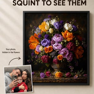 May include: A square framed wall art piece featuring a large, vibrant floral arrangement in a decorative vase. The text SQUINT TO SEE THEM appears at the top, and a smaller inset photo of a family is shown with the text Your photo, hidden in the flowers.