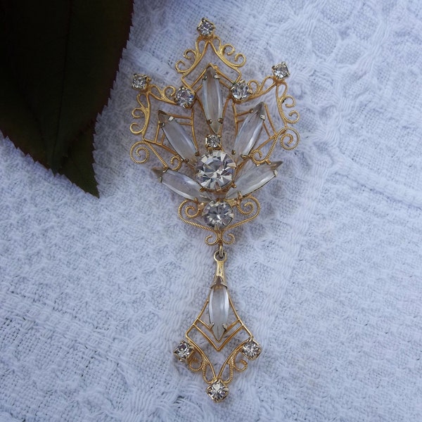 Gorgeous, Delicate, Opulent Scrolled Gold Tone and Colorless Marquis Cut Rhinestones Brooch