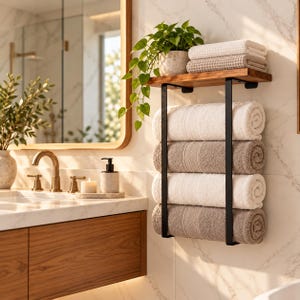 May include: A wall-mounted towel rack featuring a natural wood shelf and two vertical black metal bars. The shelf holds a potted green plant and two folded white towels, while the metal bars support four rolled towels in alternating white and beige colors.