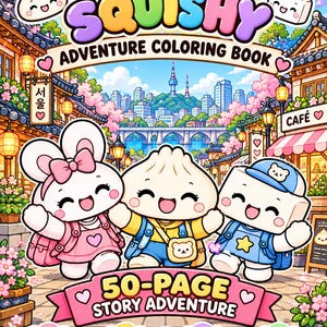 以下が含まれることがあります： 桜が咲く街を背景に3人のキャラクターが描かれたKorean Squishy Adventure塗り絵の表紙。テキストにはKorean Squishy Adventure Coloring Book、50-Page Story Adventure、50 Unique Coloring Pages、Connected Story Adventure、Printable PDF、Kids Coloring Bookと記載されています。