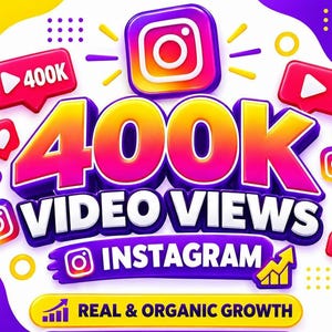 May include: A graphic design featuring the text 400K VIDEO VIEWS INSTAGRAM and REAL & ORGANIC GROWTH. The image includes colourful 3D-style lettering, Instagram logos, heart icons, play buttons, and a yellow upward-trending bar graph icon.