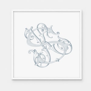 May include: A square framed wall art piece featuring a light blue, intricate, calligraphic monogram of the letters S and J. The design is composed of ornate, swirling flourishes and fine line shading, centred within a simple white frame.