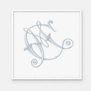 May include: A square framed wall art piece featuring a light blue, intricate calligraphic monogram of the letters M and A. The design showcases elegant, flowing lines with decorative flourishes, curls, and small bead accents on a white background.