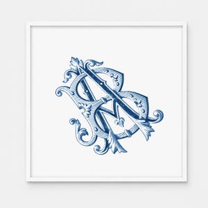 May include: A square framed wall art piece featuring a blue and white illustration of an ornate, intertwined monogram of the letters B and M. The design displays intricate scrollwork and decorative flourishes in a deep blue ink style.
