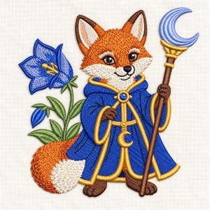 Puede incluir: Un parche bordado que muestra un zorro naranja y blanco con una túnica azul y ribetes dorados. El zorro sostiene un bastón marrón rematado con una luna creciente azul claro. A la izquierda hay una flor azul en forma de campana con hojas verdes.