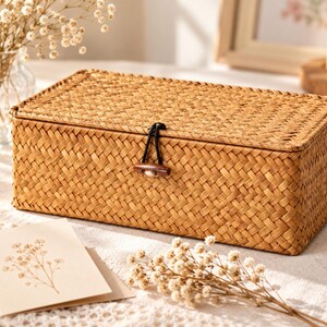 May include: A rectangular storage box crafted from woven light brown seagrass with a matching lid. The lid is secured by a black elastic loop that fastens over a small, dark brown wooden toggle button centered on the front of the box.