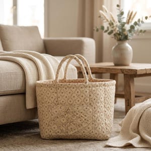 May include: A quilted tote bag in a light beige color featuring a repeating pattern of small dark brown floral motifs. The bag has two sturdy handles and a square front pocket with a decorative diamond-shaped stitched detail on the exterior.