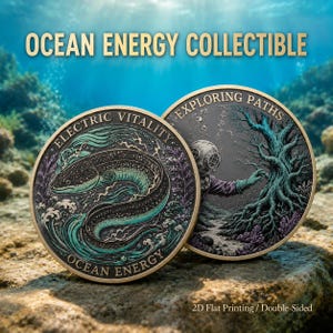 Op de afbeelding: Twee ronde metalen munten met gedetailleerde illustraties. De ene munt toont een elektrische aal met de tekst ELECTRIC VITALITY en OCEAN ENERGY. De andere munt toont een duiker in een vintage helm bij een boom met de tekst EXPLORING PATHS.