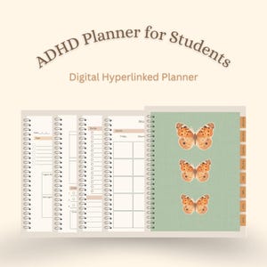 Könnte beinhalten: Ein digitaler ADHD Planner for Students mit Spiralbindung. Das Cover ist salbeigrün und mit drei orangefarbenen Schmetterlingsillustrationen versehen. Die Innenseiten enthalten Aufgabenlisten, To-Do-Bereiche und Monatsübersichten.